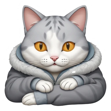 grey and white small cat with its eyes closed lying down with his head leaning on his paw sticker