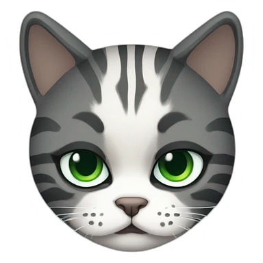 Grumpy Chubby Striped dark grey female cat with Green eyes and white chest sticker