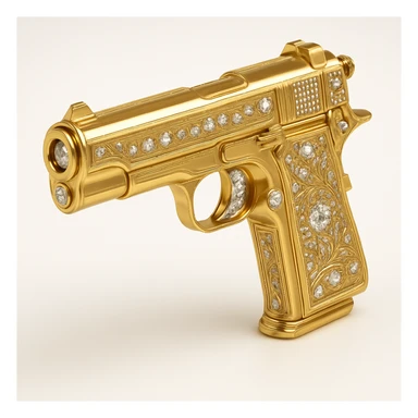 Add diamond details to the golden gun, keep it shiny and elegant, in gold objects style. sticker
