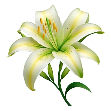 Cinematic Realistic Lily Emoji, Elegant and fragrant, with soft, white petals curling delicately around a golden-yellow stamen at its center. The long, slender green stem stands tall, supporting the vibrant bloom with its slightly curled tips. Soft glowing outline, capturing the essence of purity, elegance, and grace in a striking lily. sticker