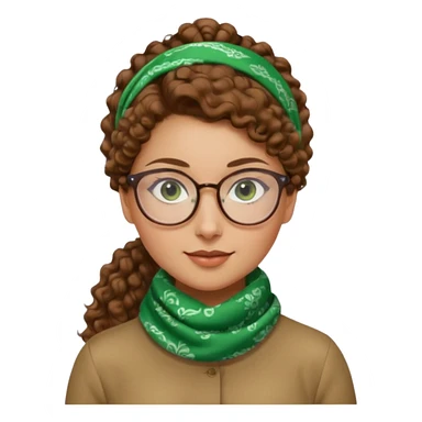 iranian woman, tight curly light brown hair in one high pony tail, glasses, green eyes, pretty, oval shape face, no hajib, scarf on neck sticker