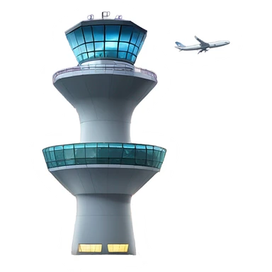 An air traffic control tower stands tall, its sleek, high-tech design featuring glass panels that reflec. Surrounding the base, a bustling airport runway is visible with airplanes taxiing, their navigation lights illuminating the tarmac. sticker