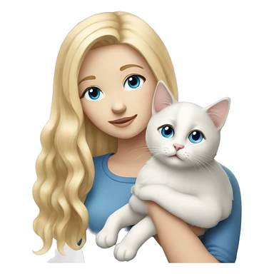 blonde girl with blue eyes holding a white and gray cat sticker