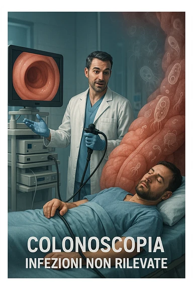 A medical cinematic illustration showing a patient undergoing a colonoscopy in a modern clinical setting. On the monitor, the endoscopic camera shows smooth, healthy-looking intestinal mucosa — clean and without evidentiary signs. But layered symbolically in the background (or faded into the intestinal wall), tiny parasitic organisms like protozoa and helminths are subtly depicted hiding between folds, or embedded deeper in tissues, undetectable by the surface-only scope. The doctor gestures with confidence, while the patient remains unaware that the test might not reveal the true underlying infection. The scene has cool clinical lighting, shallow depth of field, and realistic anatomy, overlaid with symbolic, almost ghost-like imagery of parasites in italiano sticker