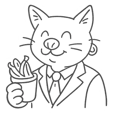 cat with a dog nose, wearing a suit, earring, holding a cup of bananas, playful expression sticker