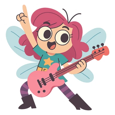 young female fly with magenta hair, big eyes, teal shirt with star, golden belt, black boots, purple-striped leggings, holding a pink guitar, rockstar pose, playful and energetic sticker
