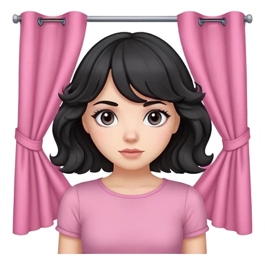 white girl with black wavy hair with curtain bangs, gray eyes, pink top sticker