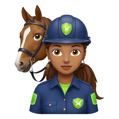 female with brown hair in ponytail, brown eyes, navy blue blouse with lime green Indie Services logo, emoji style, holding a horse riding helmet sticker