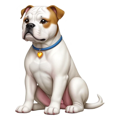 cinematic-[american bulldog]-realistic-full-body-sitting-emoji,-tail-resting-loosely-beside-its-paws,-head-tilted-dramatically,-sleek-[solid white]-fur,-simplified-yet-realistic-focused-features,-highly-detailed,-glowing-with-an-almost-sarcastic-glow sticker