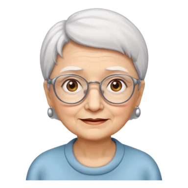 Create me emoji of an old lady. Short white hair to left side. Square glasses. Brown eyes. Rounded bigger face. Wide nose sticker