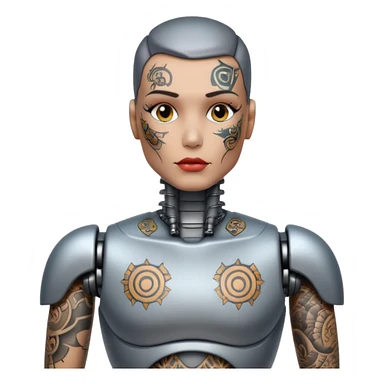 Tatooed robot, big many tatooes on chest, neck and face sticker