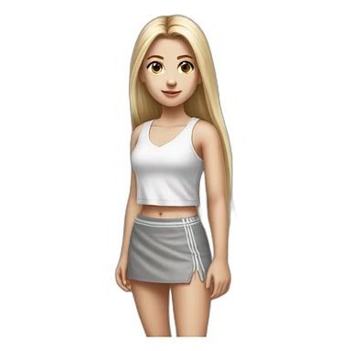 hyperrealist caucasian girl, long straight blonde hair, white v-neck laced crop tanktop, grey tight mini skirt, sneakers, facing camera sticker
