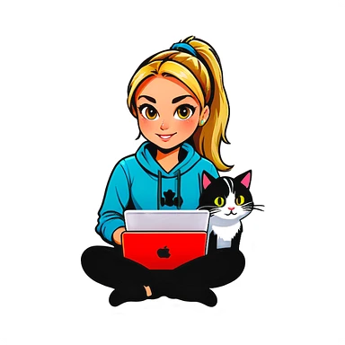 Blonde girl ponytail macBook and a cat sticker
