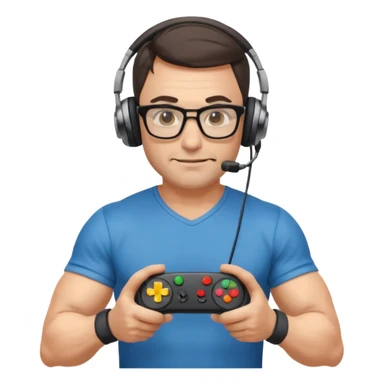 
gamer, Very fit muscular 40-year-old with youthful looks glasses, headphone, gamepad sticker