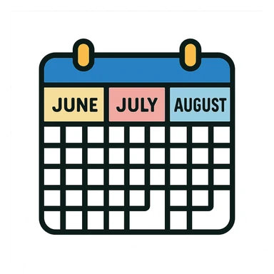 icon of a three-month calendar, month names June, July, August, minimalistic, clear grid, subtle color highlights sticker