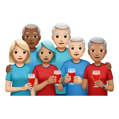 A room packed with adults and seniors in casual clothing with red, aqua and blue shirts, some with drinks, chatting at an afterwork meeting sticker