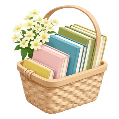 Pastel pink pastel yellow pastel blue and matcha colored books in a beige basket with flowers sticker