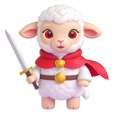 cute cartoon lamb with white wool, gray face, red glowing eyes, small horns, wearing a red cape with a yellow bell, holding a large sword sticker