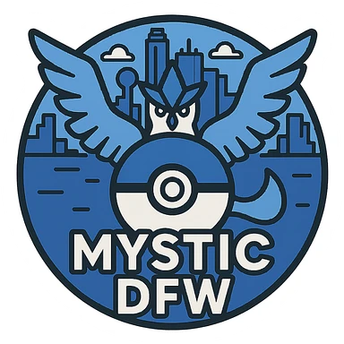 Add a Pokéball to the circular Team Mystic DFW logo, integrating it with the Articuno emblem and Dallas-Fort Worth skyline, using a blue and white palette. sticker