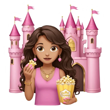 a woman with long dark brown  beachy wavy hair with light brown big eyes wearing pink vest top gold necklace baby pink nails and gold stud earrings with a pink castle fantasy in the background while eating popcorn  sticker