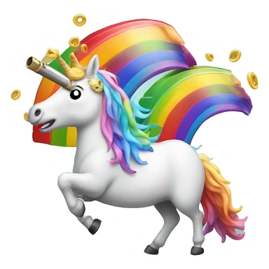 unicorn with a shotgun barrel as a horn throwing up a rainbow sticker