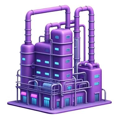 AI-powered factory. It should be a building with pipes. Add light violet neon glowing symbolizing power of AI sticker