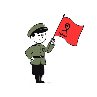 military boy in Soviet green uniform holding a red flag with "9 мая" sticker