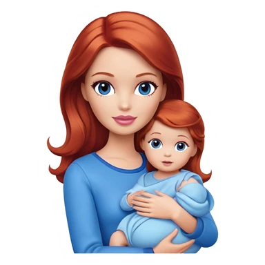 A barbie girl with makeup with brown hair with a baby, a daughter, a girl with red hair, holding her hand in blue clothes sticker