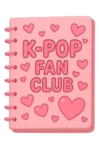 pink kpop fan club notebook with hearts, fun and collectible sticker