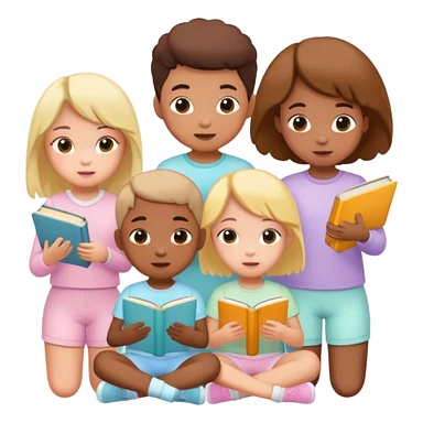 children in pastel clothes play with book sticker