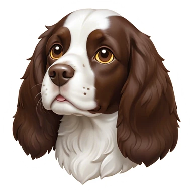 Cinematic Noble Springer Spaniel Portrait Emoji, Poised and regal, with a medium build and a glossy, well-groomed Fur of rich liver and white, deep-set soulful brown eyes, Simplified yet sharp and sophisticated features, highly detailed, glowing with a soft, dignified glow, high shine, intelligent and alert, stylized with an air of grace, focused and attentive, soft glowing outline, capturing the essence of a watchful and confident companion, so majestic it feels as though it could bound out of the screen with effortless authority! sticker