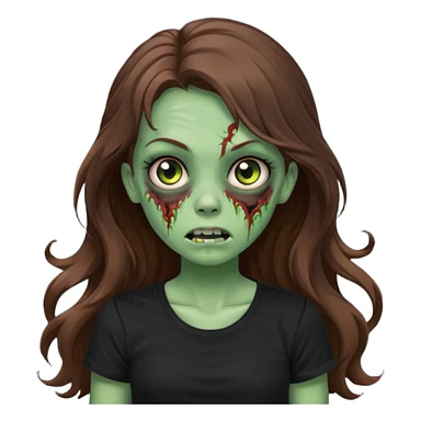 crie uma garotazoombie cabelo ondulado 2c longo castanho castanho comprido e blusa básica preta sem nada com pele esverdeada com rosto fofo  sticker