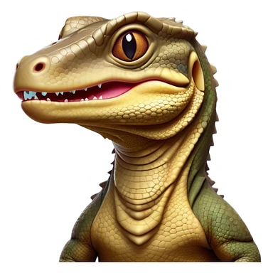 Cinematic Comical Komodo Dragon Lizard Portrait Emoji, Head tilted dramatically with an exaggeratedly shocked expression, featuring a robust, scaled body with wide, comically expressive eyes full of humorous disbelief, Simplified yet hilariously expressive features, highly detailed, glowing with a slightly sassy glow, high shine, dramatic yet playful, stylized with an air of quirky exotic attitude, soft glowing outline, capturing the essence of a meme-worthy Komodo dragon that looks ready to side-eye its way into viral fame! sticker