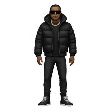 The man is wearing a black puffer jacket, black pants, and black sneakers. He is also wearing sunglasses and has a chain around his neck sticker