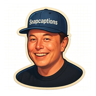 sticker of Elon Musk wearing a baseball cap with the name 'Snapcaptions', retro sticker style, playful and bold sticker