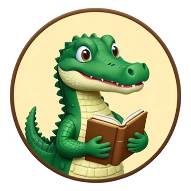 A claymation alligator with a book. The background is a solid white circle sticker