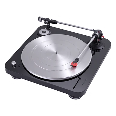 Technics turntable in 3D emoji style, rounded features, shiny silver and black, visible tonearm and platter sticker