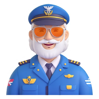 middle-aged male pilot, white skin, silver hair, beard, smiling, wearing sunglasses, pilot uniform and hat, round face, simple features, 3D look, clean background sticker