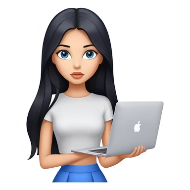 Glamours tanned very beautiful girl with pump peach nude lips and black straight smooth long hair, blue-grey eyes in beautiful clothing stading with MacBook sticker