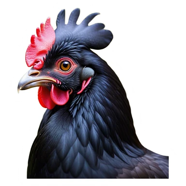 Cinematic Noble Black Chicken Portrait Emoji, Poised and regal, with a compact, sturdy build and a glossy, well-groomed pure black plumage, deep-set soulful beady eyes, Simplified yet sharp and sophisticated features, highly detailed, glowing with a soft, dignified glow, high shine, intelligent and alert, stylized with an air of mysterious elegance, focused and attentive, soft glowing outline, capturing the essence of a watchful and confident fowl, so majestic it feels as though it could strut out of the screen with effortless authority! sticker