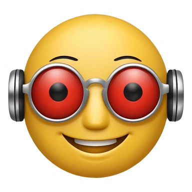 Yellow smiley face head with sunglasses, but the right eye is a red robot eye sticker