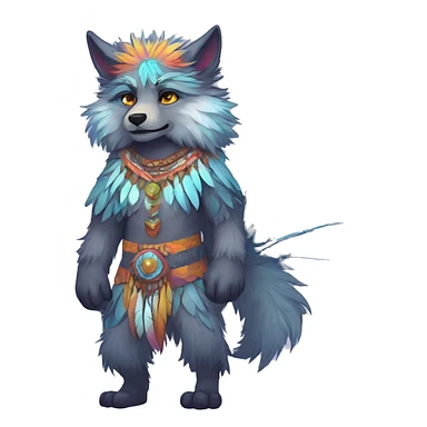Anthro Fluffy Colorful Shy Spiritual Shamanic WereWolf-sona With Shiny Tribal Markings wearing feathers Full Body sticker