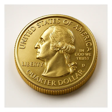 a gold coin with a quarter design, shiny and metallic, detailed engraving, realistic style sticker