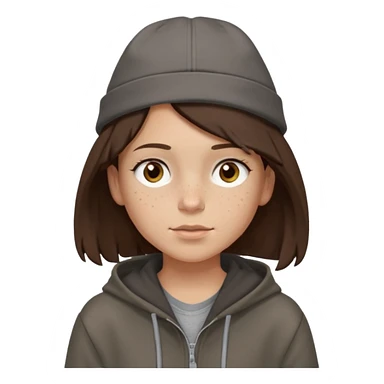 Hobo tomboy with light skin, freckles, shoulder-length center-parted dark brown hair. brown eyes, dark dull brown hoodie, grey shirt. Flat crown bolero hat sticker