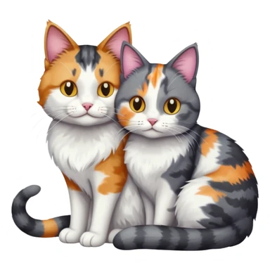 full body large dark grey and white cat cuddling a colourful light patched calico + white tabby cat  sticker