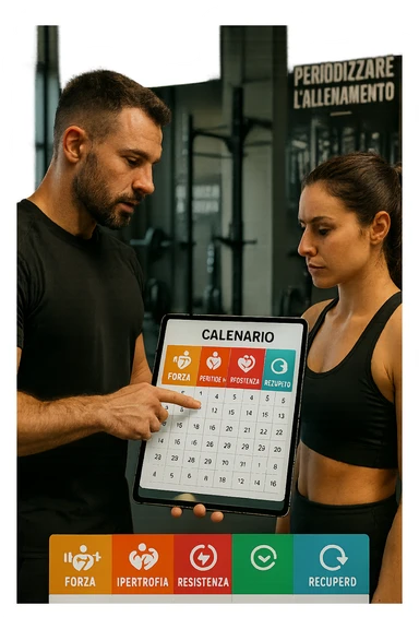 realistic cinematic photo a personal trainer and a client stand in a modern gym, reviewing a large, color-coded training calendar or chart on a tablet. The calendar shows different phases (Forza, Ipertrofia, Resistenza, Recupero) with icons and dates. Around them, gym equipment and motivational posters reinforce the idea of structured, periodized training. in italiano sticker