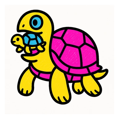 a stylized turtle with another turtle in its mouth, bold colors, pop colors style sticker