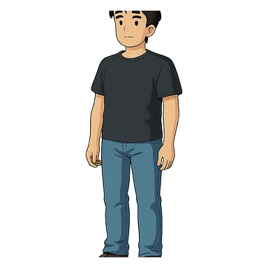 full-body man standing, black hair, wearing jeans and a black t-shirt, centered, transparent background, in Ghibli style sticker
