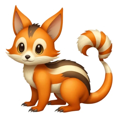 lush warm-colored Fakémon-Trico-creature (full body) with white cheek markings, white-striped tail sticker