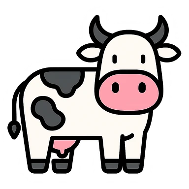 cow, modern color icon style, clean lines, simple shapes, minimal details, white and black with pink accents sticker